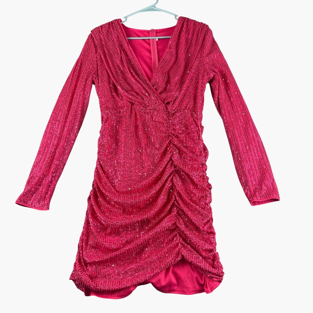 Hot Pink Sequin Ruched Long Sleeve Mini Dress V-Neck Size Large